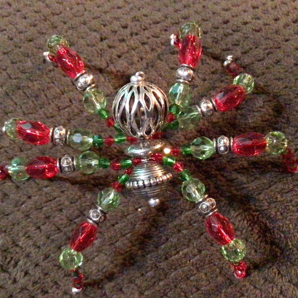 Festive Red and Green Hand Beaded Spider